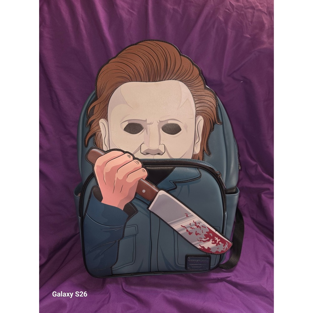 7. Loungefly Halloween Michael Myers Cosplay Mini Backpack Blue Faux Leather Bag